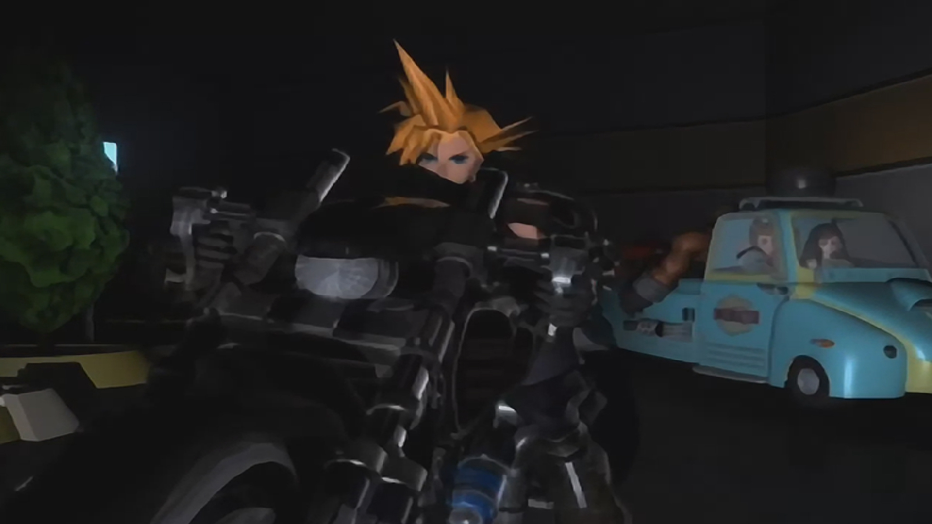 El personaje de Final Fantasy 7, Cloud Strife, en una motocicleta