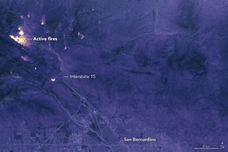 The Blue Cut wildfire, seen in this Landsat 8 satellite image on Aug. 17, 2016, has forced tens of thousands of evaculations in San Bernardino County, California.