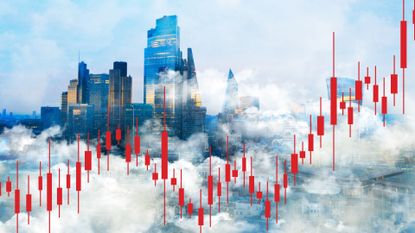 Stock chart overlaid on a London city skyline