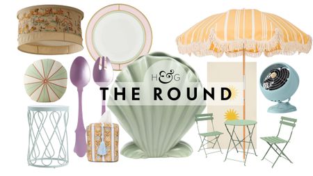Pastel decor for summer, including a ceiling light cover, outdoor cushion, outdoor side table, salad server set, Ginori plate, seashell vase, retro fan, bistro set, sun-motif table linen, and parasol