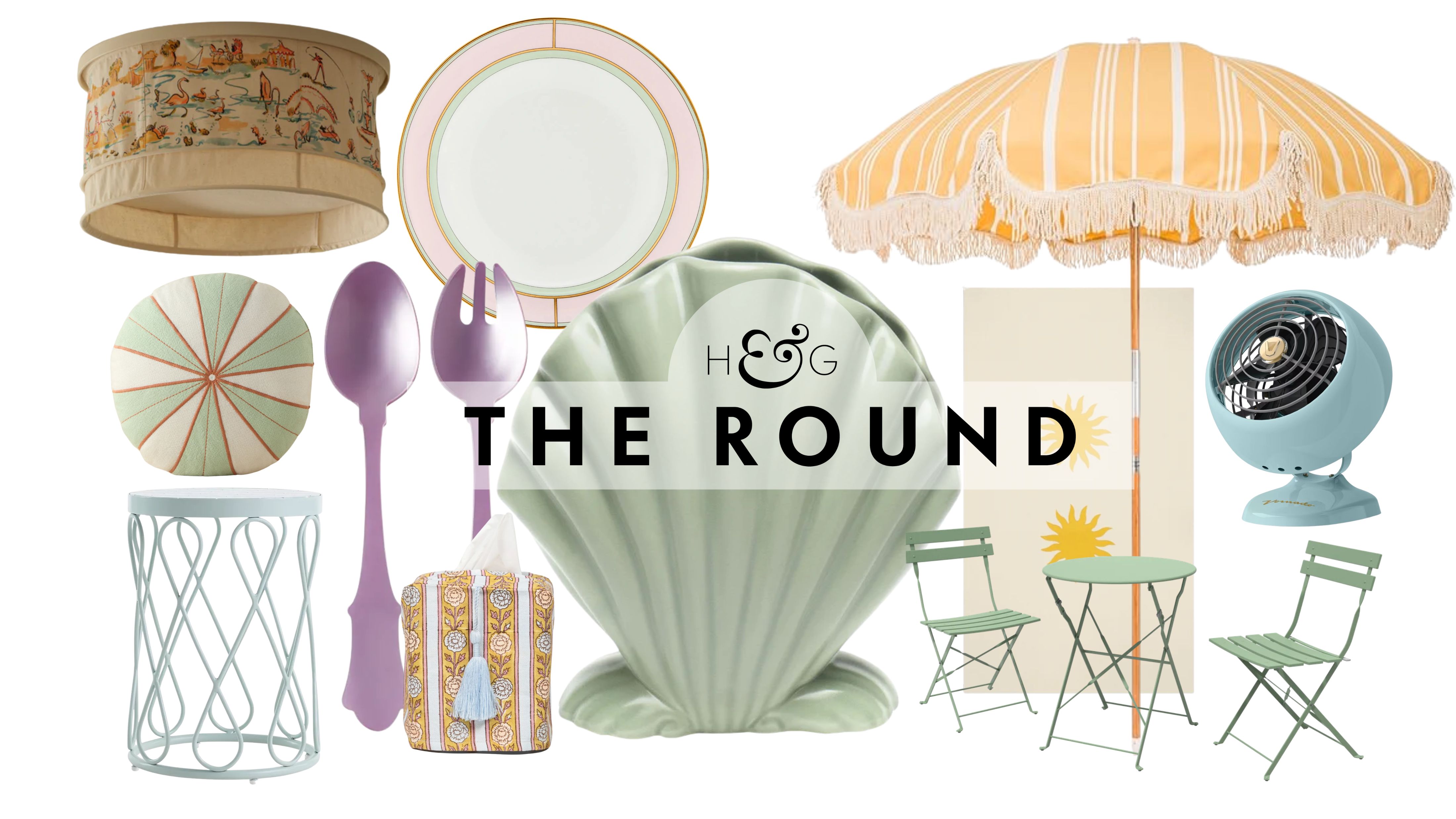 Pastel decor for summer, including a ceiling light cover, outdoor cushion, outdoor side table, salad server set, Ginori plate, seashell vase, retro fan, bistro set, sun-motif table linen, and parasol