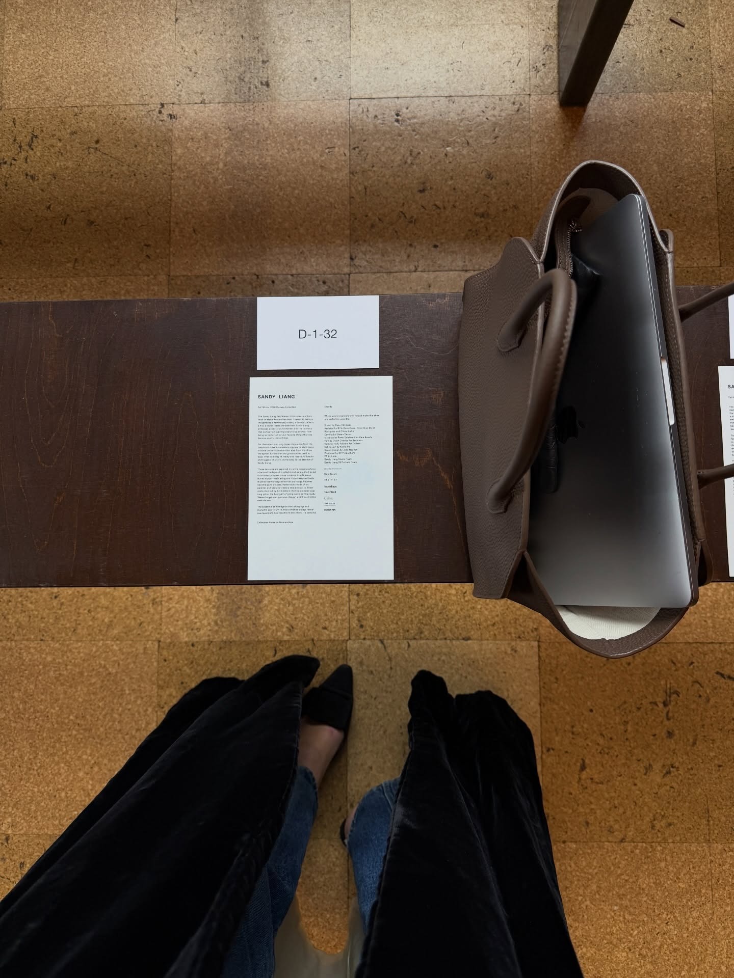 A photo of the front row at a fashion show with The Row Marlo bag on the bench.