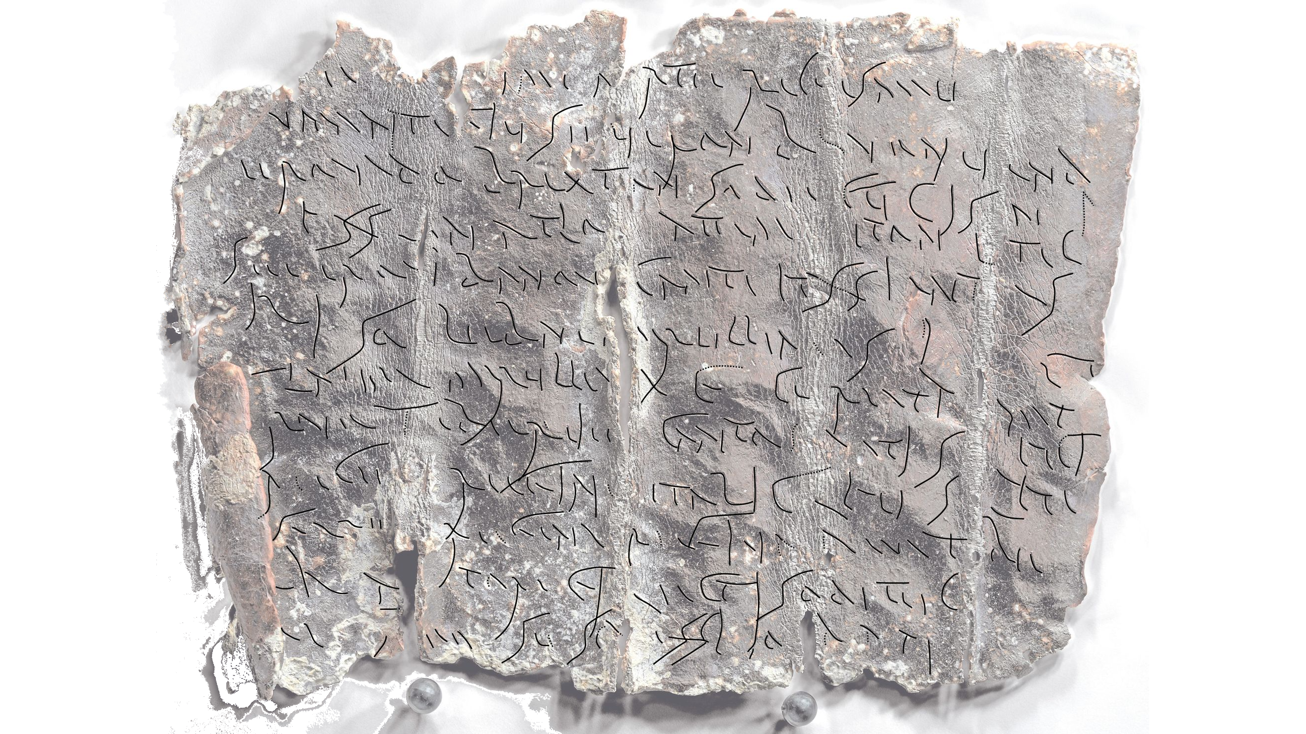 An unrolled curse tablet with transcription of the text overlaid in black cursive handwriting.