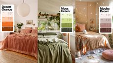 A collage of a desert orange, moss green, and mocha brown series of neutral, warm bedrooms, with the corresponding Pinterest color palette swatches over each bed