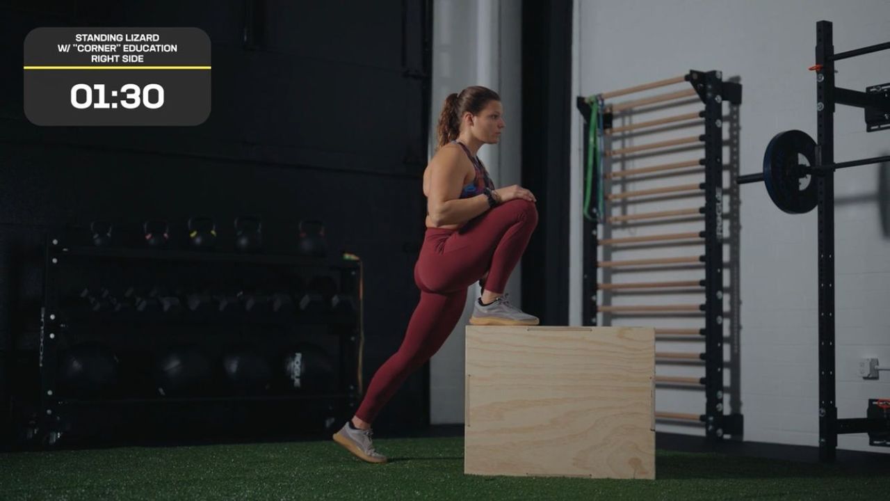CrossFit and Pliability athlete Laura Horvath completing a standing lizard with 'corner' education stretch