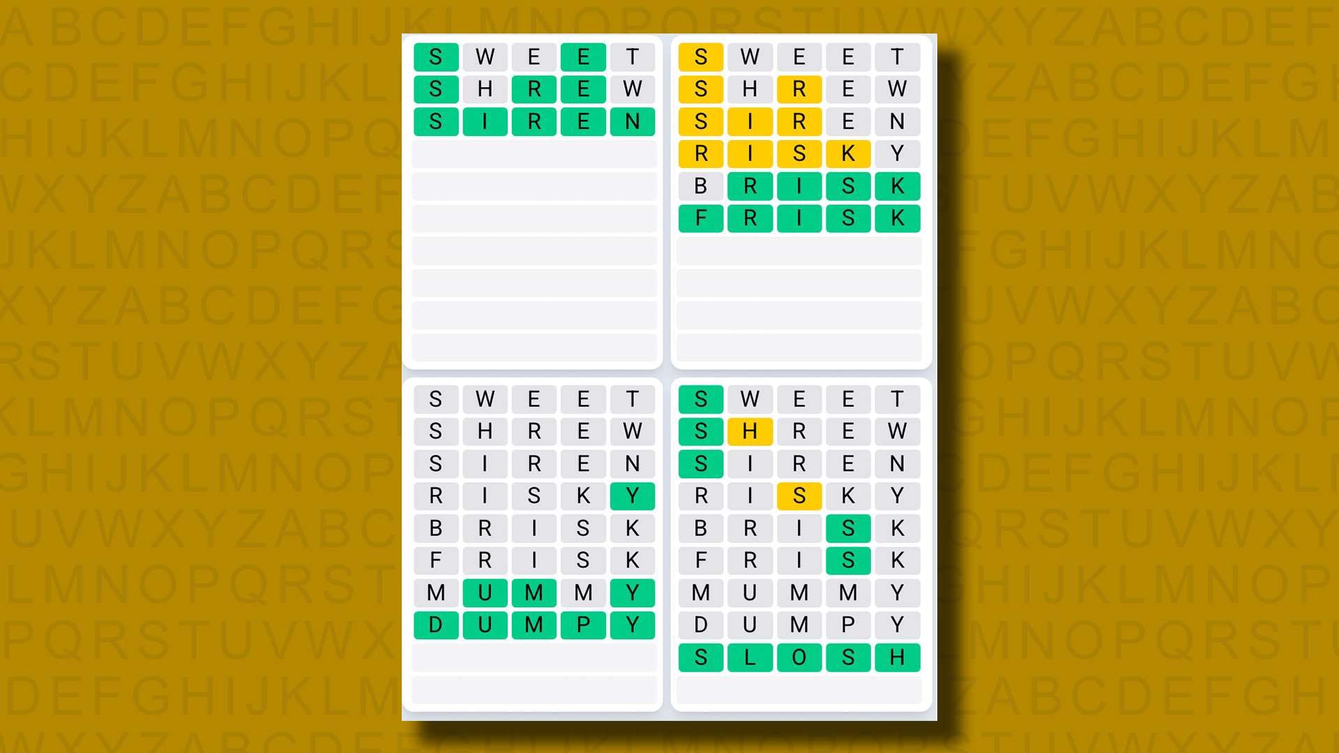 Quordle Daily Sequence answers for game 1235 on a yellow background