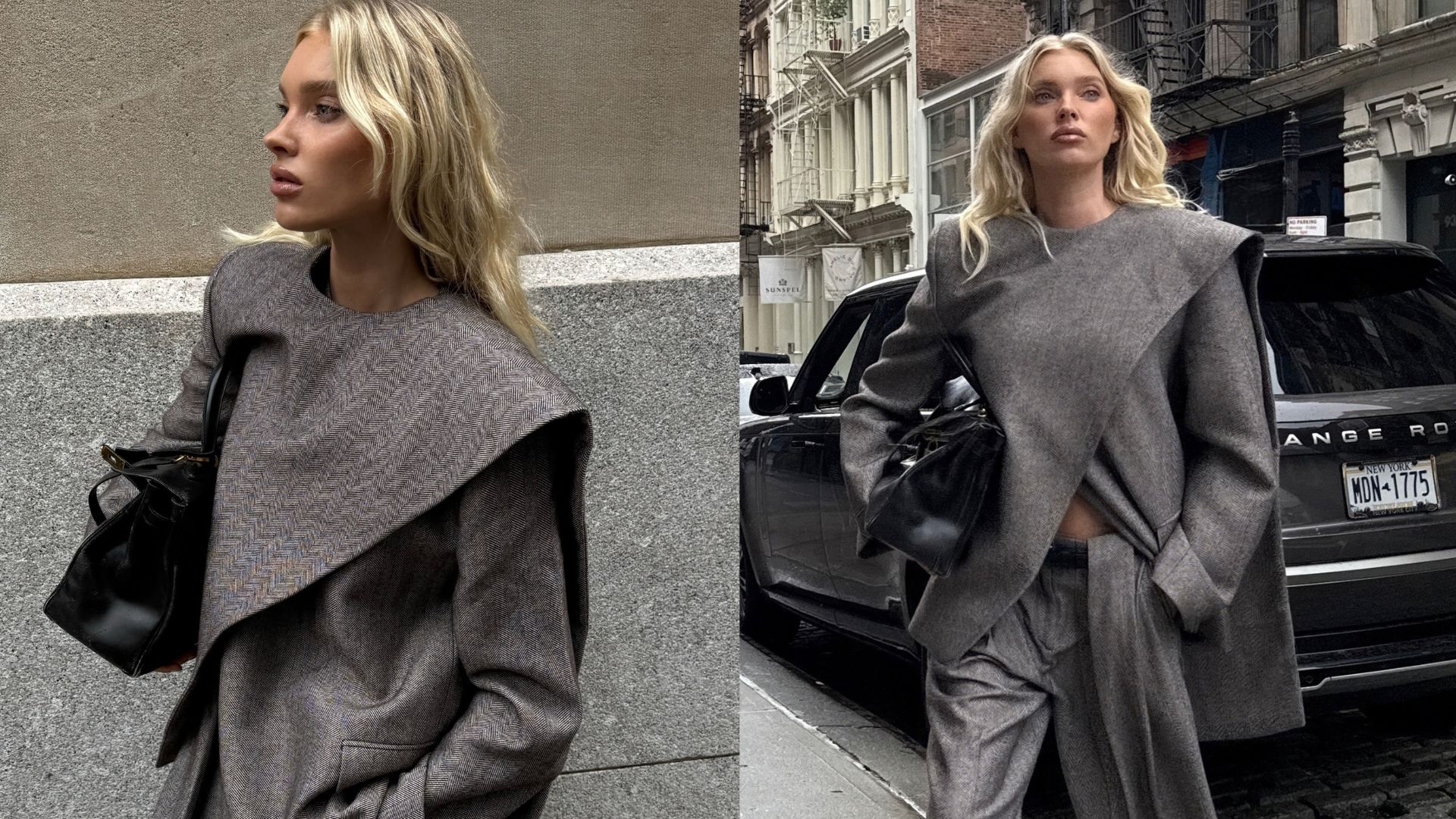 Elsa Hosk wears a grey scarf jacket with matching grey trousers in New York. She holds a black bag and wears black pointed-toe boots.