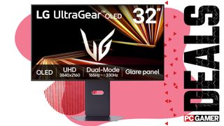 An LG 32-inch 4K OLED dual-mode gaming monitor on a pink and white background