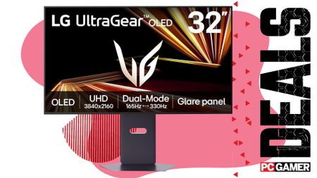 An LG 32-inch 4K OLED dual-mode gaming monitor on a pink and white background