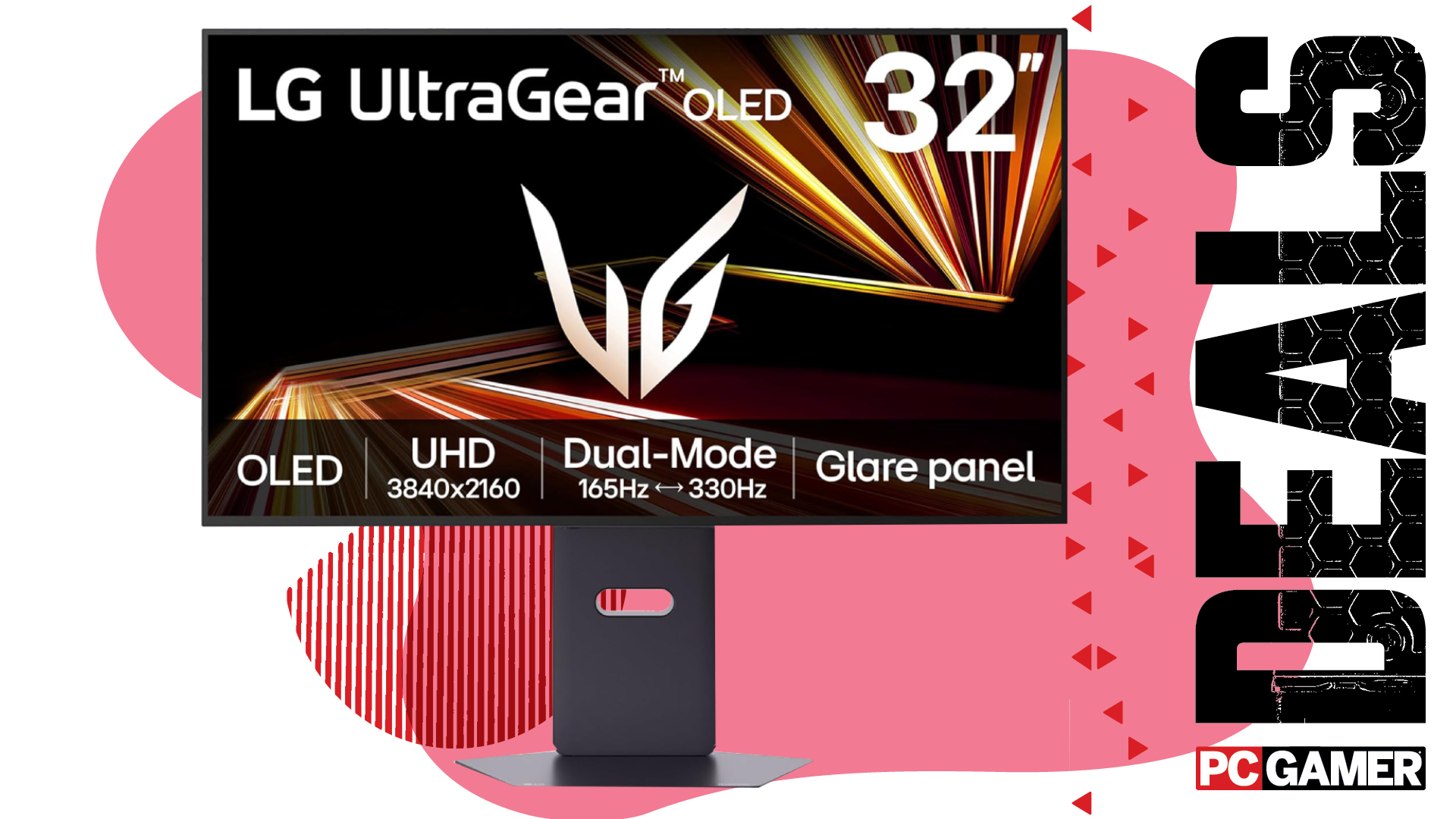 An LG 32-inch 4K OLED dual-mode gaming monitor on a pink and white background