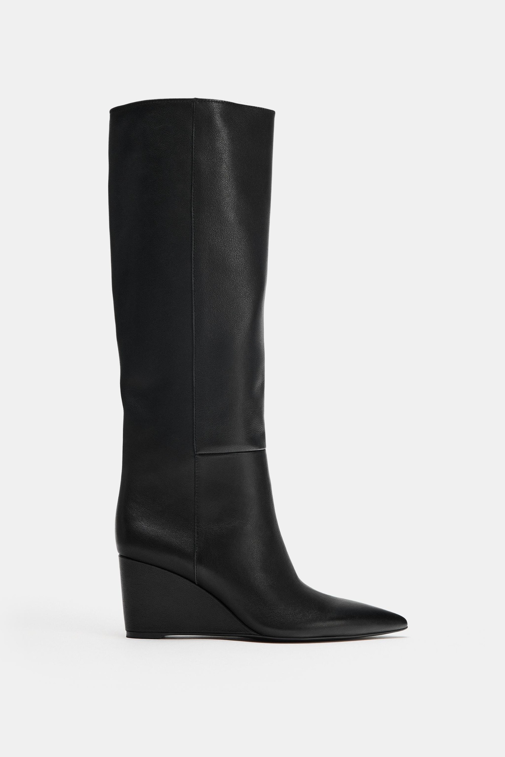 Leather Wedge Knee-High Boots - Black - 2