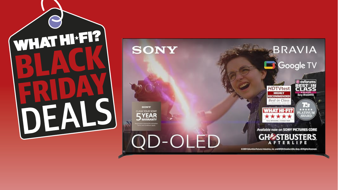 A Sony A95L TV on a red background with a tag next to it reading &quot;What Hi-Fi? Black Friday Deals&quot;