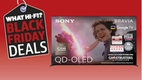 A Sony A95L TV on a red background with a tag next to it reading "What Hi-Fi? Black Friday Deals"