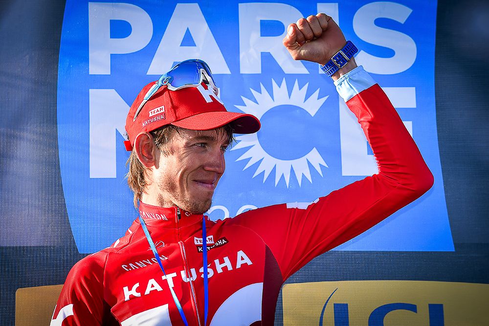 Ilnur Zakarin on the stage 6 podium following his win.