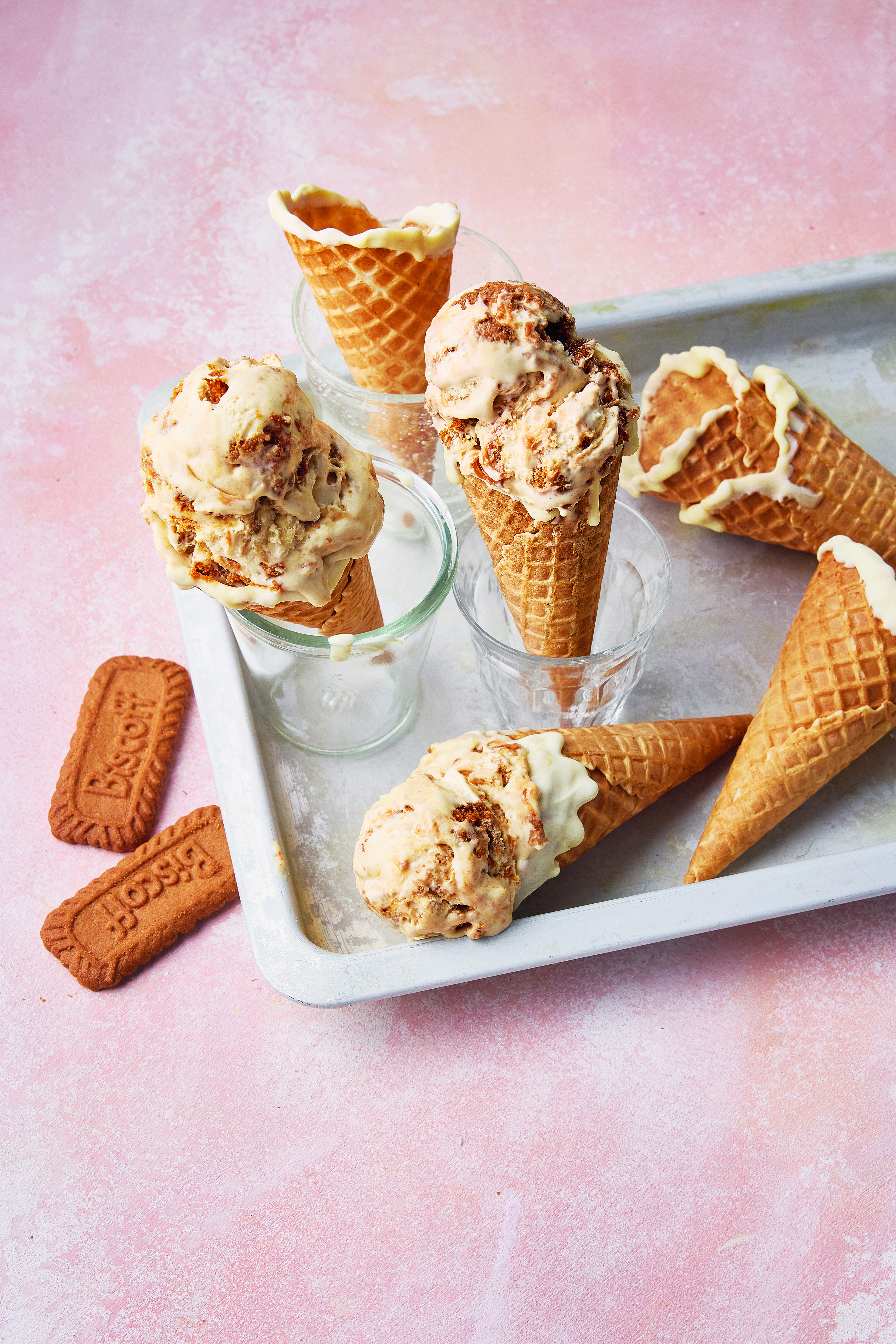 Biscoff ice cream in waffle cones