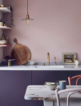 Pink kitchen with pink wall and purple cabinets