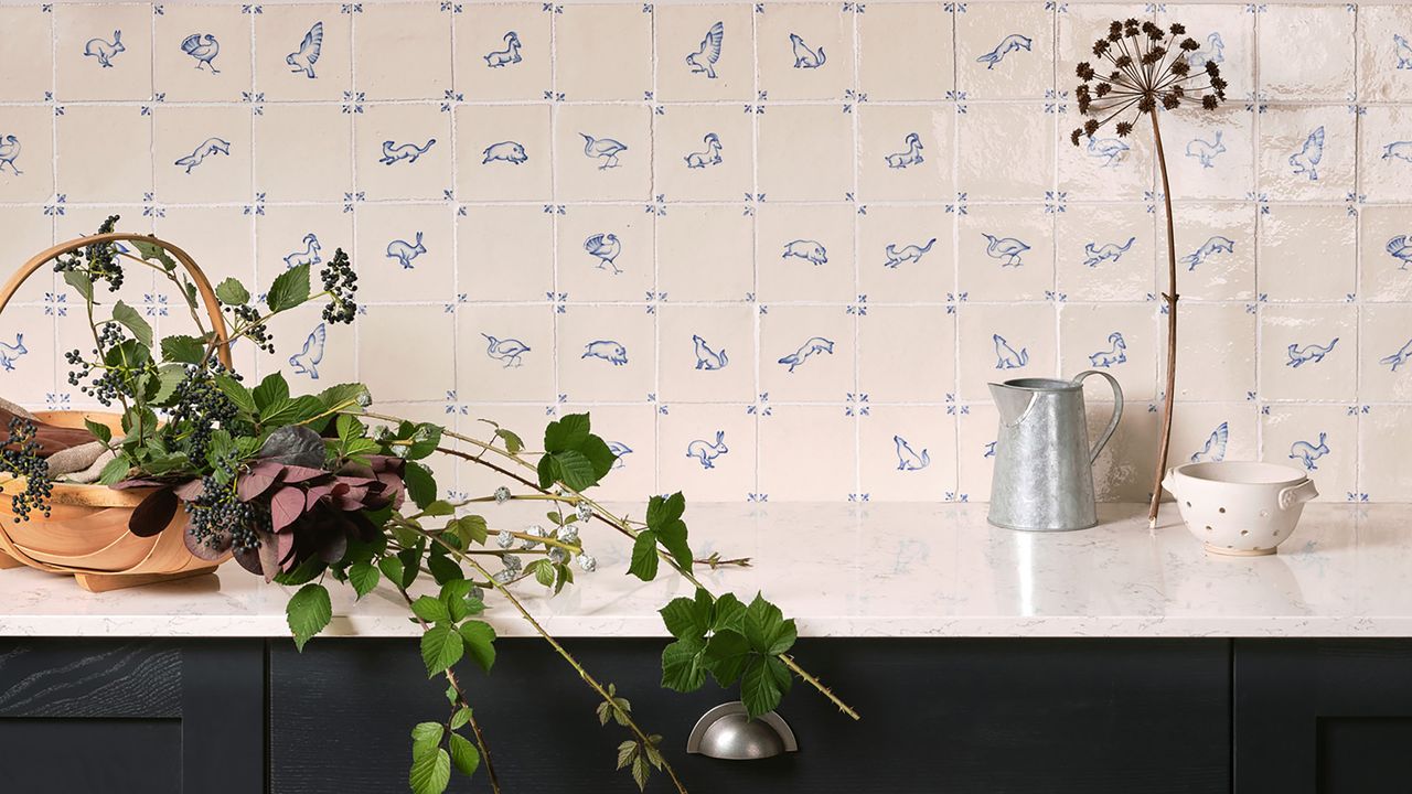 Kitchen with handpainted tiles on backsplash