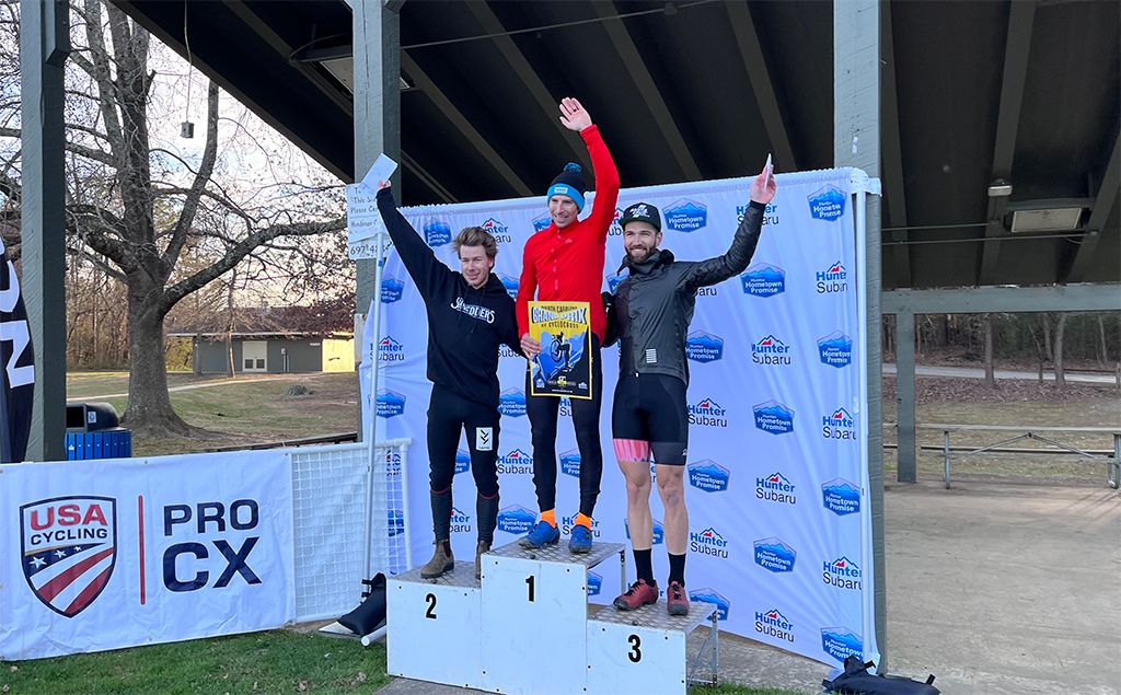 North Carolina Grand Prix day 2 2022 men&#039;s elite podium: Kerry Werner first, Tyler Orschel second and Tobin Ortenblad third