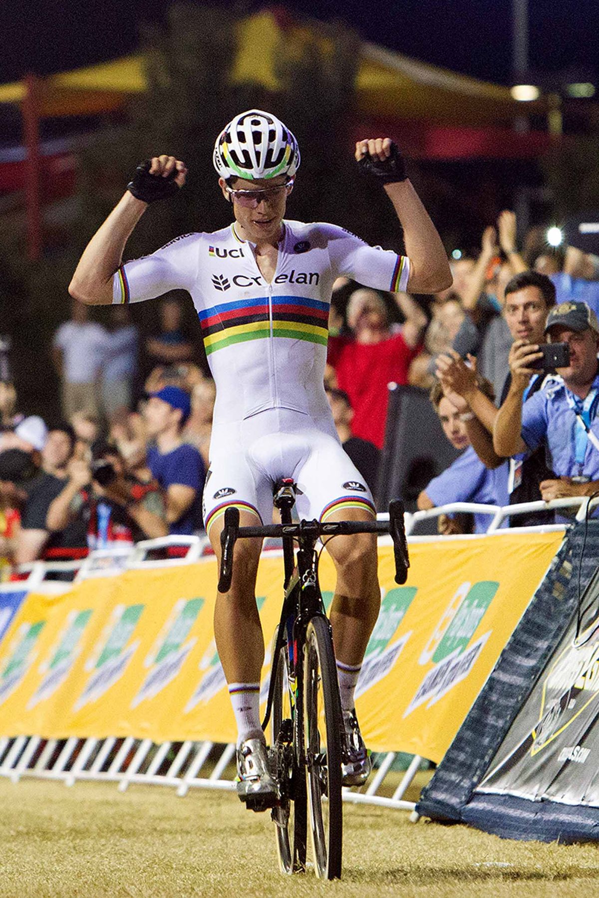 Wout Van Aert celebrates victory in the opening round of the World Cup.