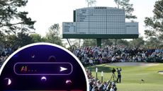 Justin Rose hitting a tee shot in front of one of the famous scoreboards at Augusta National during The Masters, with an inset image of an AI search tool
