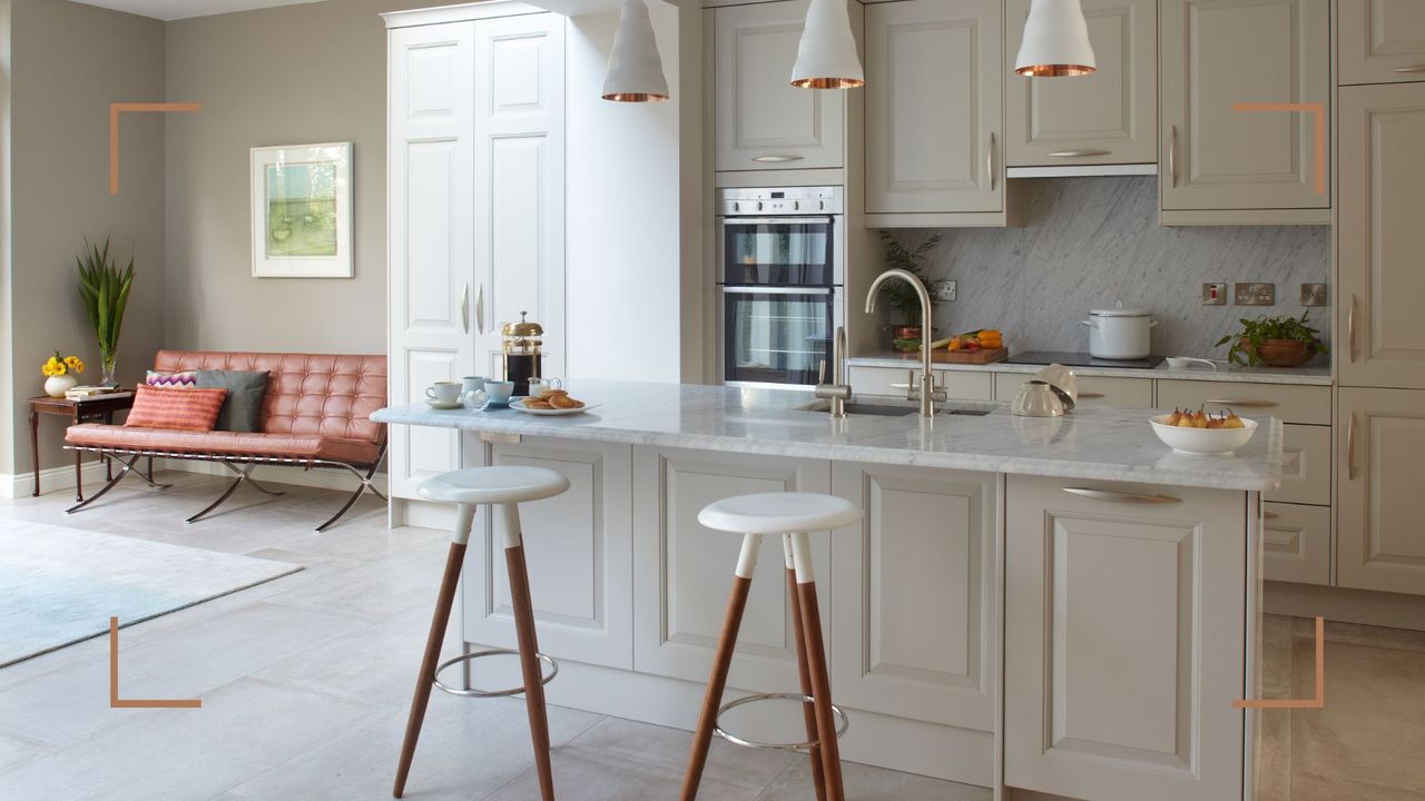 taupe open plan kitchen with seating area to support a guide on how to declutter your home