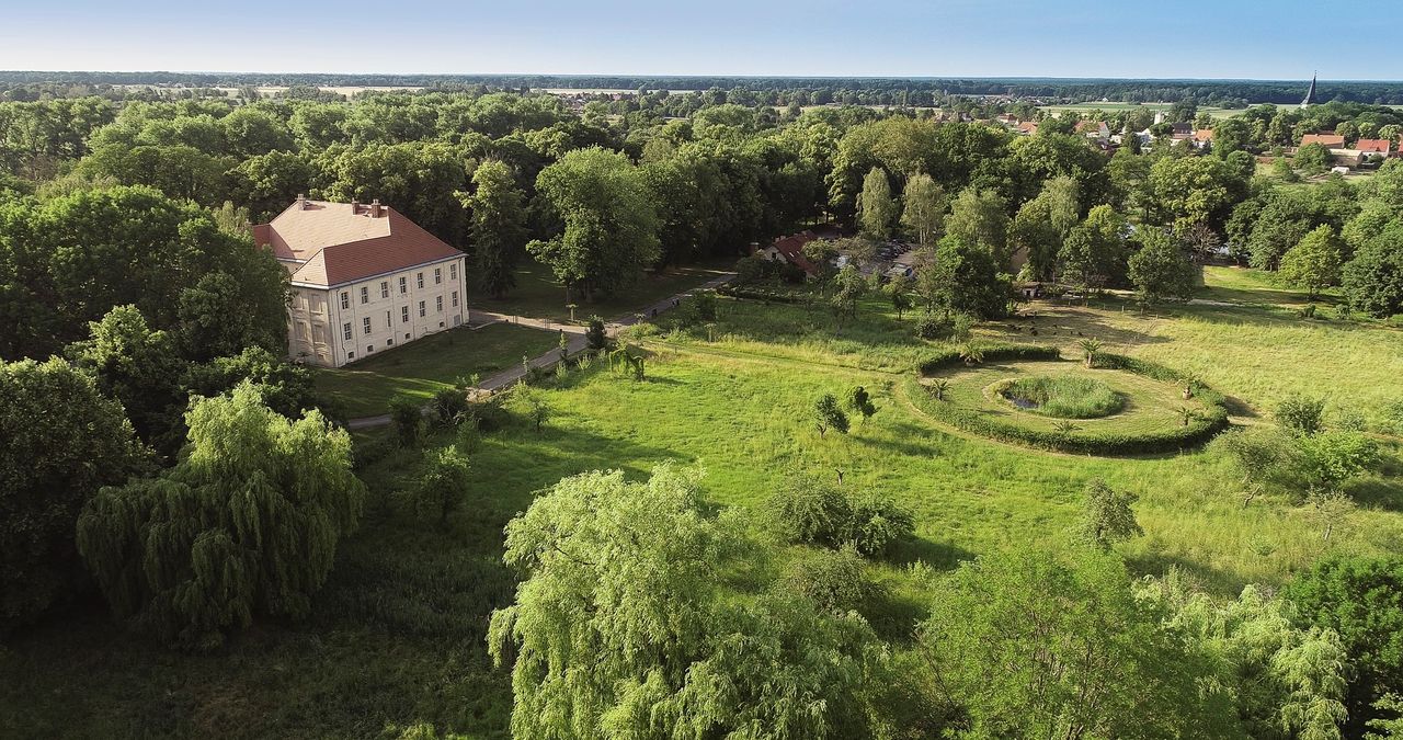 Aerial view of Schlossgut Schwante Sculpture Park in Oberkrämer, Germany