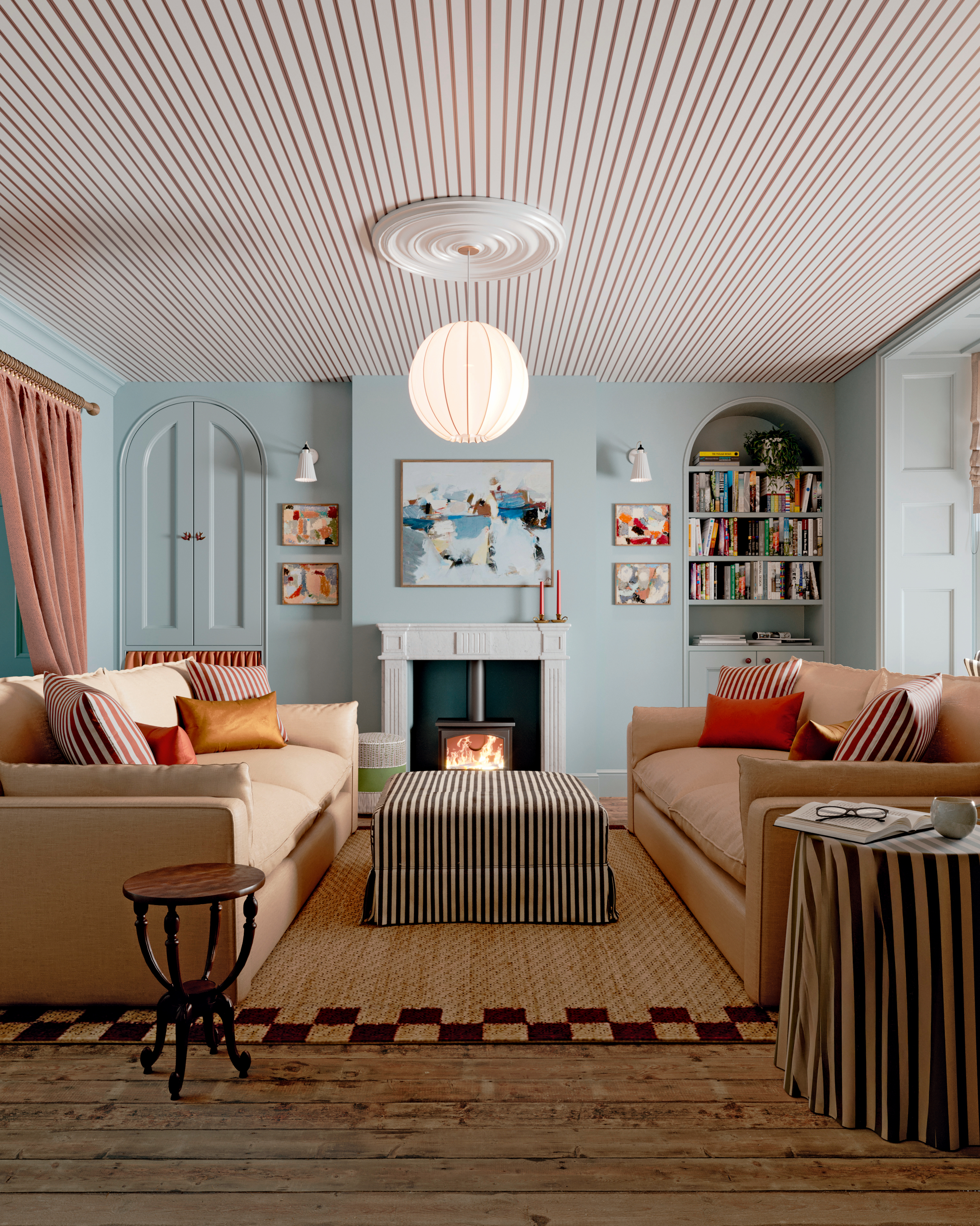 Light blue living room with beige striped ceiling, black and white striped ottoman, beige sofas and artwork