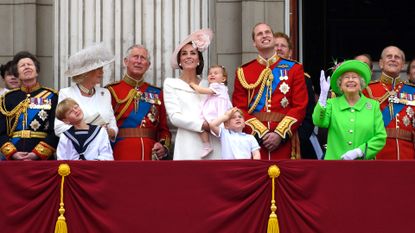 Camilla, Duchess of Cornwall, Prince Charles, Prince of Wales, Queen Elizabeth II, Prince Philip, Duke of Edinburgh, Prince Harry, Princess Charlotte of Cambridge, Catherine, Duchess of Cambridge, Prince George of Cambridge and Prince William, Duke of Cambridge look out from the balcony of Buckingham Palace during the Trooping the Colour parade on June 17, 2017 in London, England.