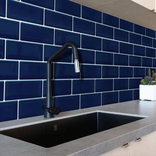Walplus Deep Blue Glossy 3D Metro Sticker Tiles on kitchen wall
