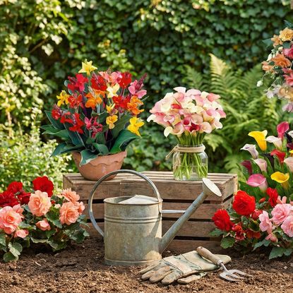 A variety of cut flowers surrounding a watering can.