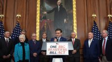 House Speaker Mike Johnson (R-La.) and other top House Republicans celebrate passage of Trump megabill