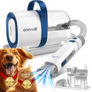 oneisall Dog Hair Vacuum & Dog Grooming Kit with ginger dog and cat with gold medals around their necks in front of grooming kit against white background.