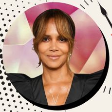 Halle Berry with image of clock