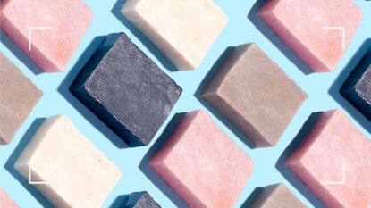 A flatlay of the solid shampoo bars in different colors on a blue background, to illustrate the best shampoo bars as picked by our beauty team