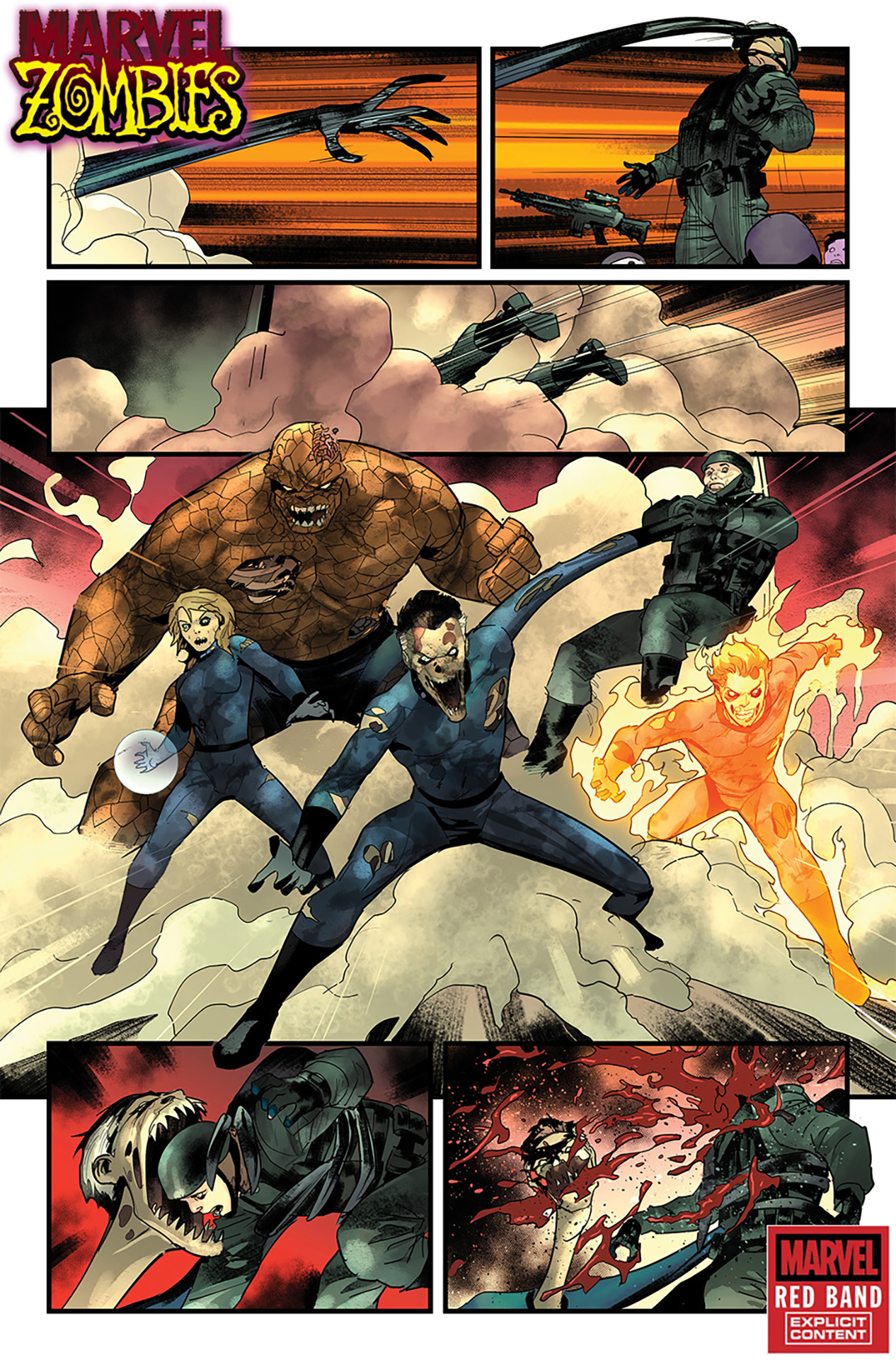 The zombie Fantastic Four leaping into combat