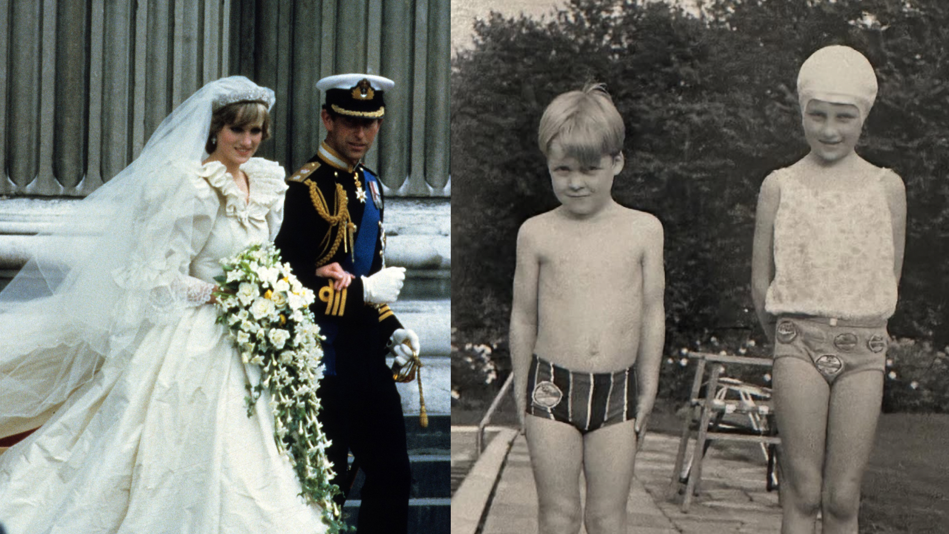 Princess Diana and Prince Charles leaving church on their wedding day; a black and white photo of Princess Diana and Earl Spencer wearing swimsuits as children