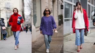 A composite of street style influencers showing how to style oversized sweaters with jeans