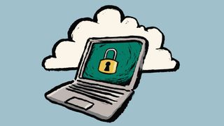 A hand-drawn image of a laptop computer displaying a padlock, in front of a cloud, on a blue background
