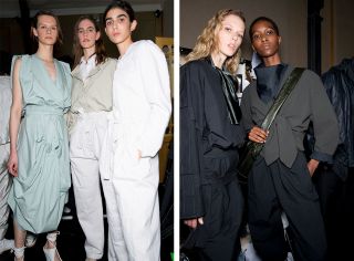 Models wear teal dress, white shirts and trousers, and black shirts and trousers
