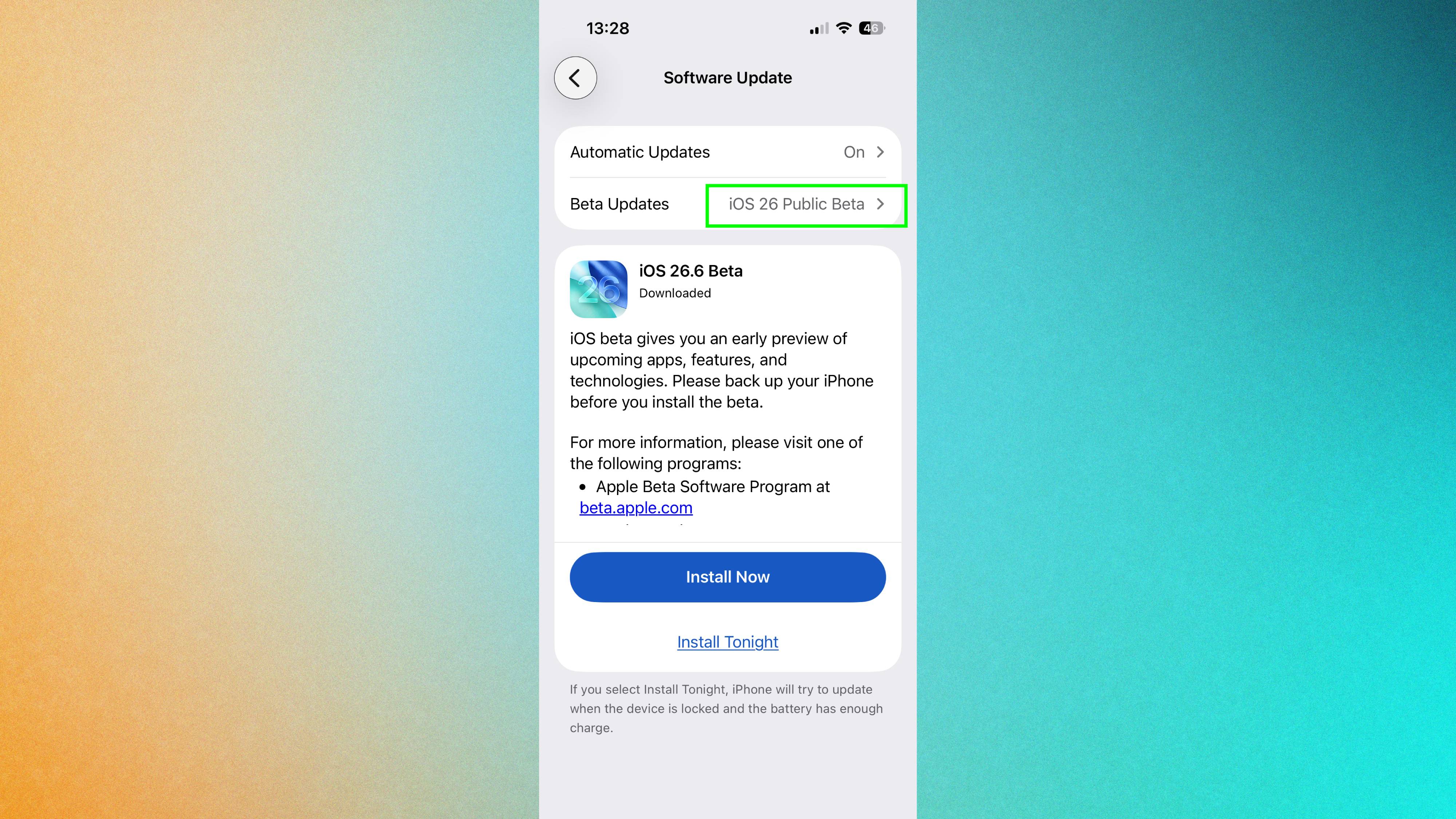 بخش بتا در آیفون هایلایت شده است 