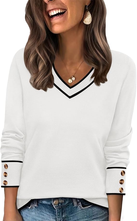 WIHOLL, Wiholl Womens Tops Dressy Casual Fall V Neck Cashmere Sweaters for Women 2025 Trendy Lightweight 80s Outfits Y2k Winter Spring Clothes Color Block White Xl