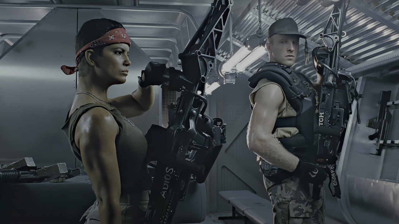 Jenette Goldstein y Mark Rolston realizan un simulacro de arma juntos en Aliens.