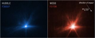 On the left, a blue filter shows the debris and on the right, a red one. The direction in which the sun sits is also depicted.