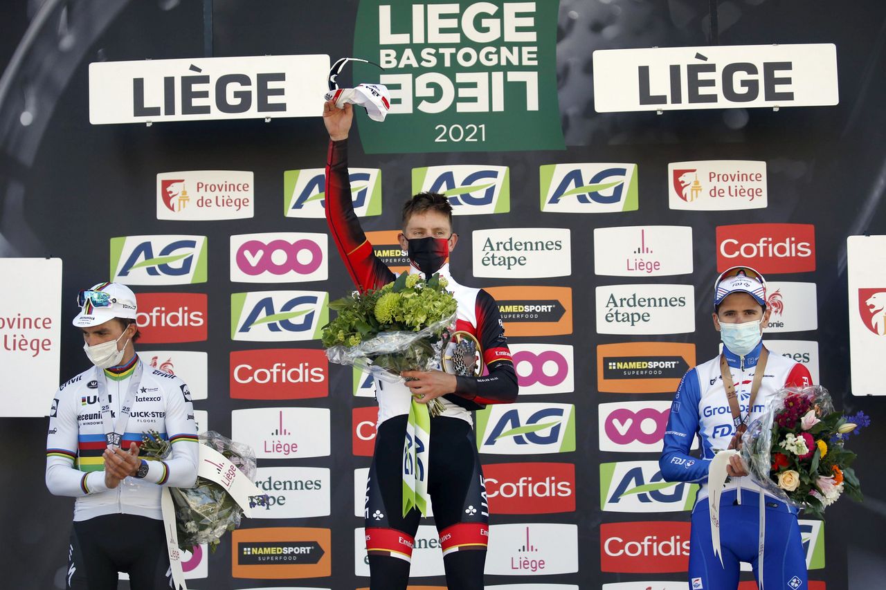 Liege - Bastogne - Liege 2021 - 107th Edition - Liege - Liege 259,1 km - 25/04/2021 - Tadej Pogacar (SLO - UAE Team Emirates) - Alejandro Valverde (ESP - Movistar Team) - Julian Alaphilippe (FRA - Deceuninck - Quick-Step) - photo Dion Kerckhoffs/CV/BettiniPhoto&Acirc;&copy;2021