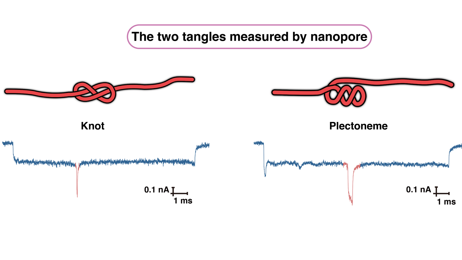 Diagram of the structure of the two DNA tangles with their corresponding electrical current signals.