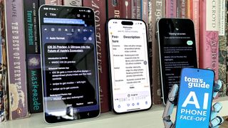 Galaxy S25 Plus, iPhone 15 Pro and Pixel 9 showing off AI notes formatting with AI Phone Face-off badge