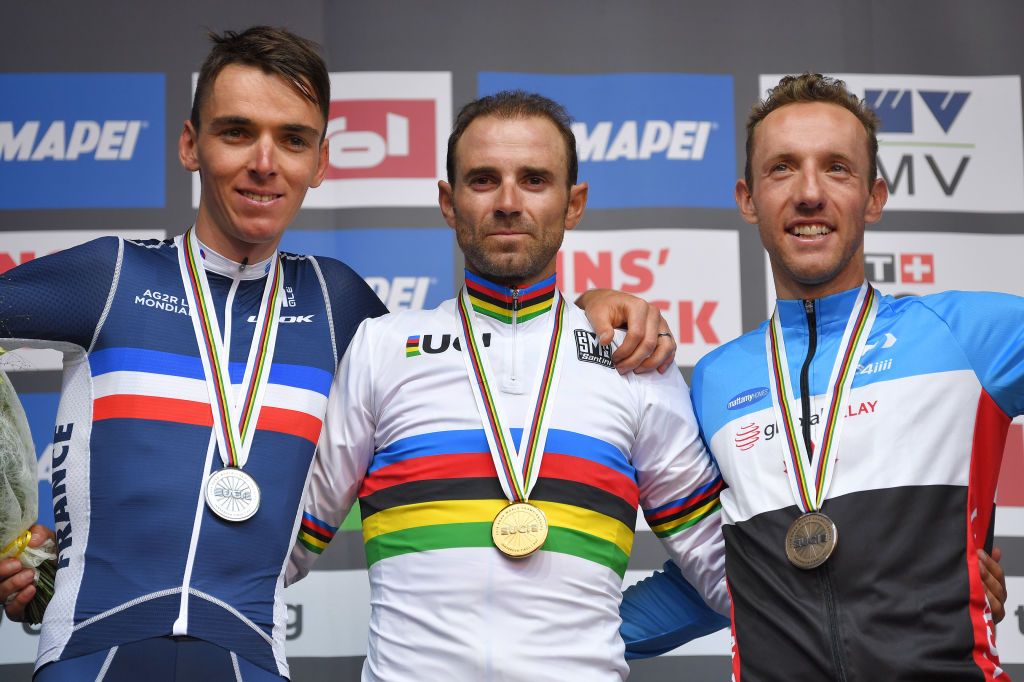 Romain Bardet, Alejandro Valverde and Michael Woods on the podium