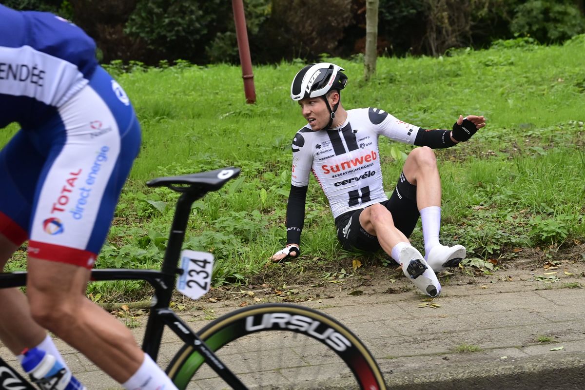 Scheldeprijs 2020 1 08th Edition Schoten Schoten 1733 km 14102020 Crash Casper Pedersen DEN Team Sunweb photo Peter De VoechtPNBettiniPhoto2020