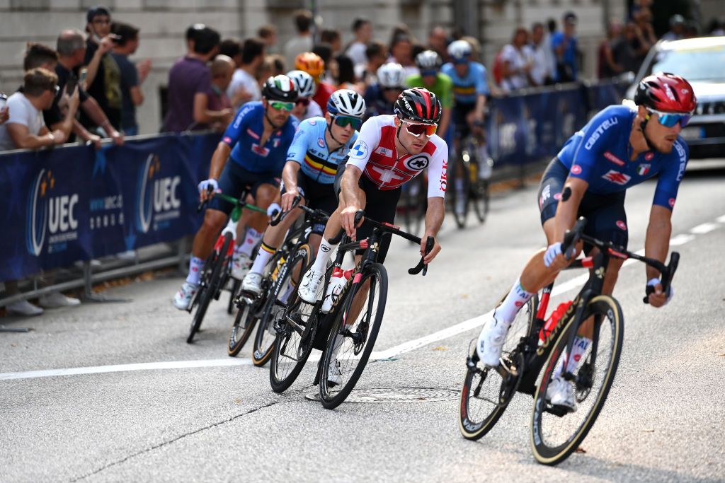 TRENTO ITALY SEPTEMBER 12 Marc Hirschi of Switzerland competes in the breakaway during the 27th UEC Road Cycling European Championships 2021 Elite Mens Road Race a 1792km race from TrentoPiazza Duomo to TrentoPiazza Duomo UECcycling on September 12 2021 in Trento Italy Photo by Justin SetterfieldGetty Images