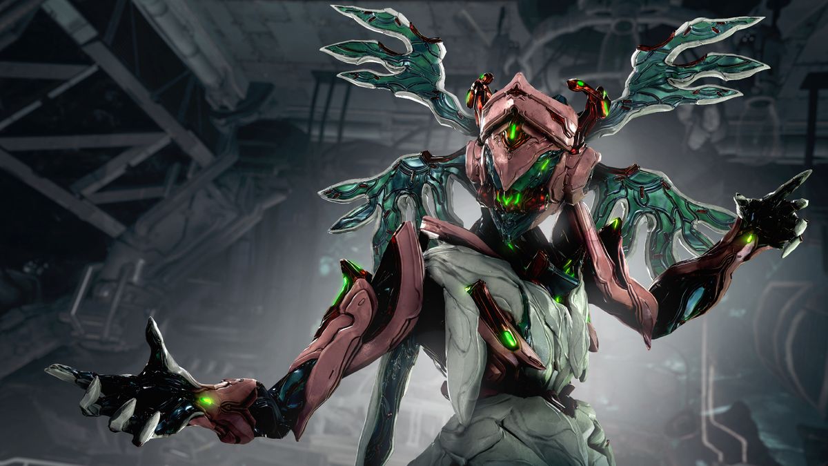 The latest warframe, Jade, wearing optional Choir cosmetics.